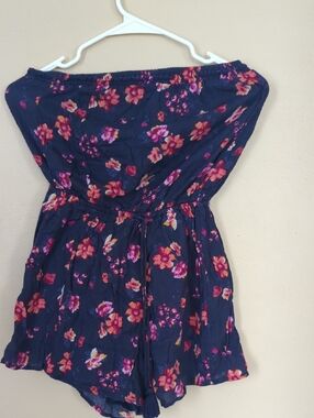 Navy Floral Strapless Romper with Pink & Coral Flowers